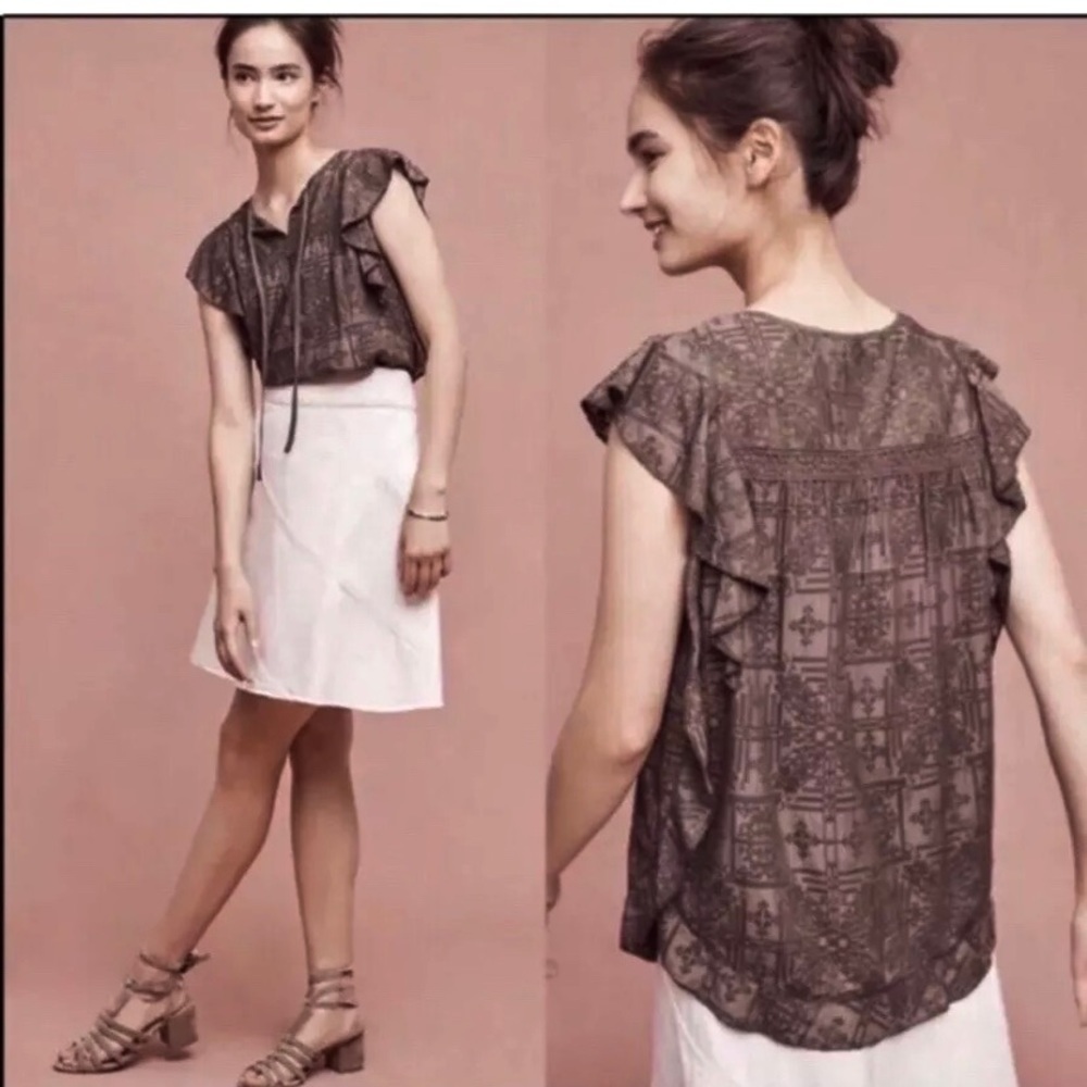 Anthropologie Hiche Top Flutter Sleeve XS Green Cottagecore Coquette Blouse